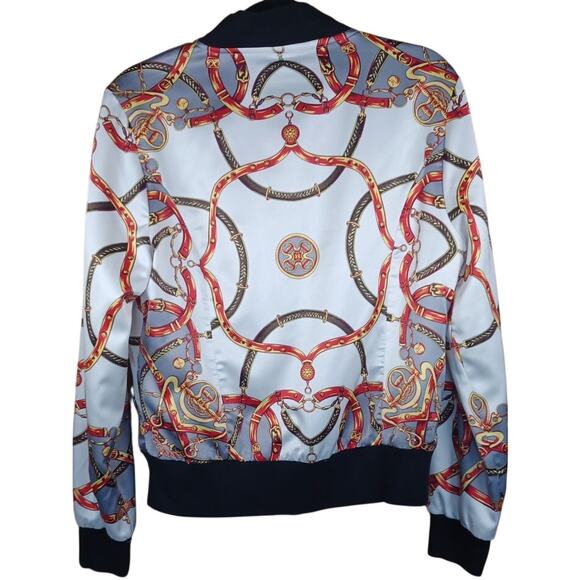 Vintage WD•NY Baroque Equestrian Bomber Jacket Large Gold Chain & Bridle Print - Picture 2 of 6